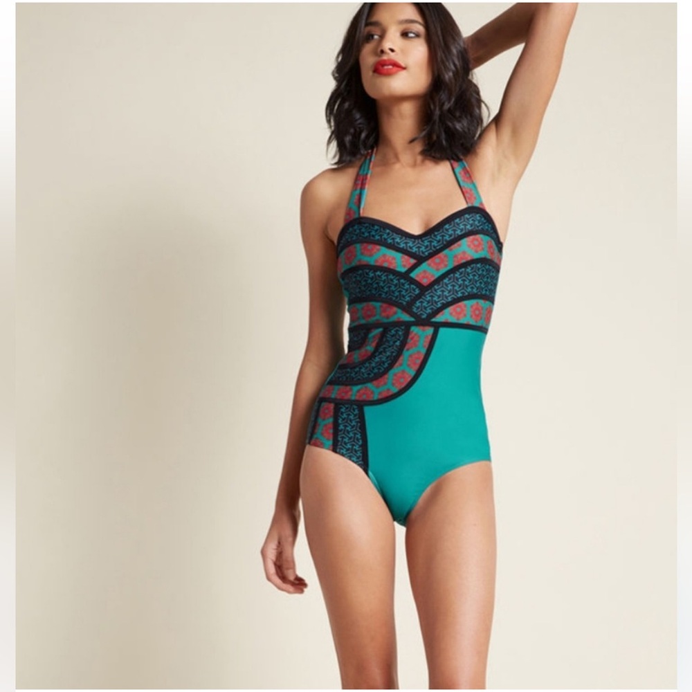Modcloth Teal Halter One-Piece Swimsuit with Black and Coral Accents